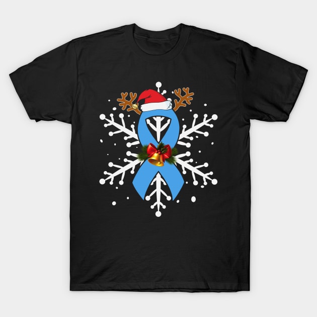 Snowflakes Christmas Santa Hat Trisomy 18 Awareness Light Blue Ribbon Warrior Support T-Shirt by celsaclaudio506